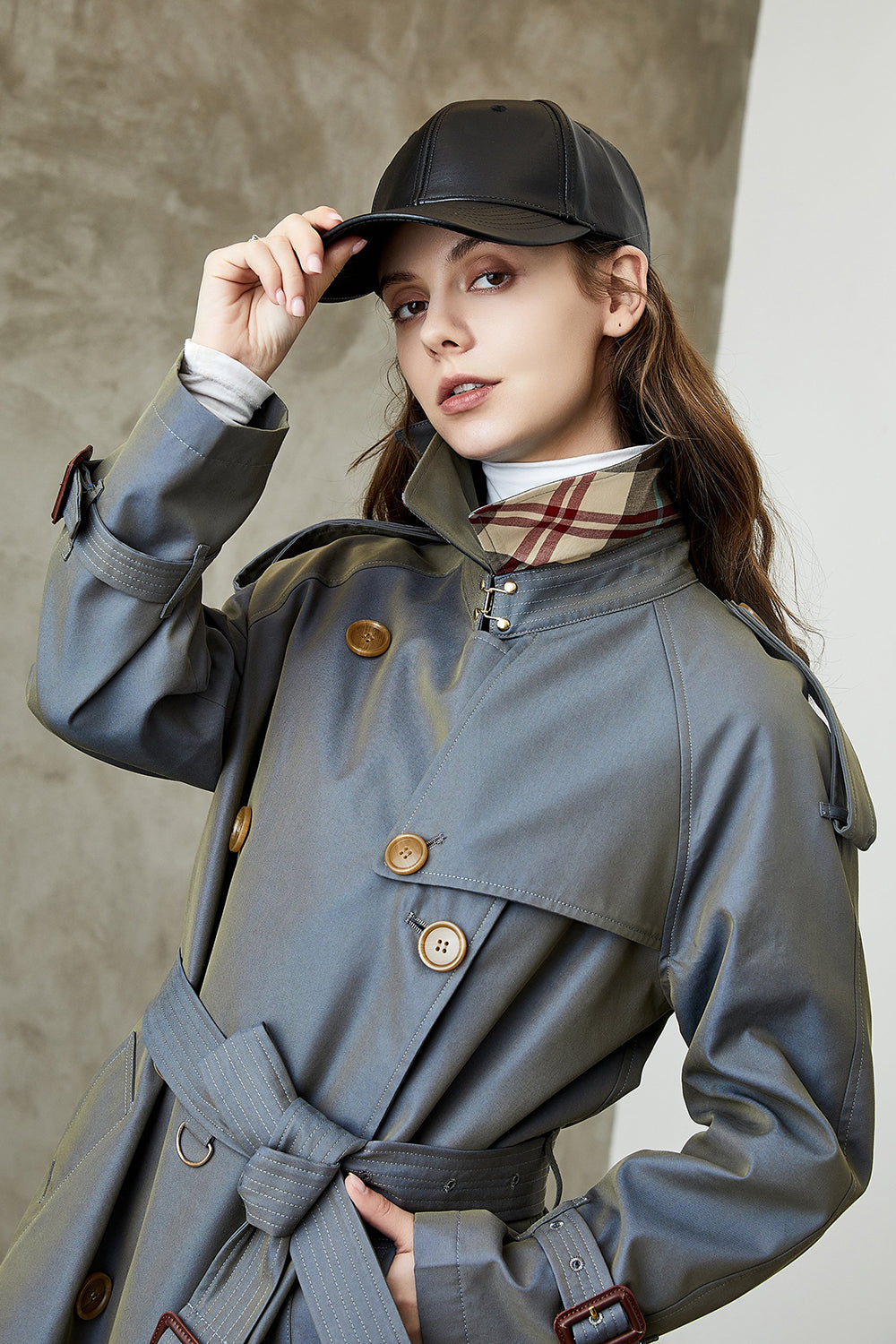 Grey Blue Double Breasted Long Trench Coat with Belt-CALLISTARI