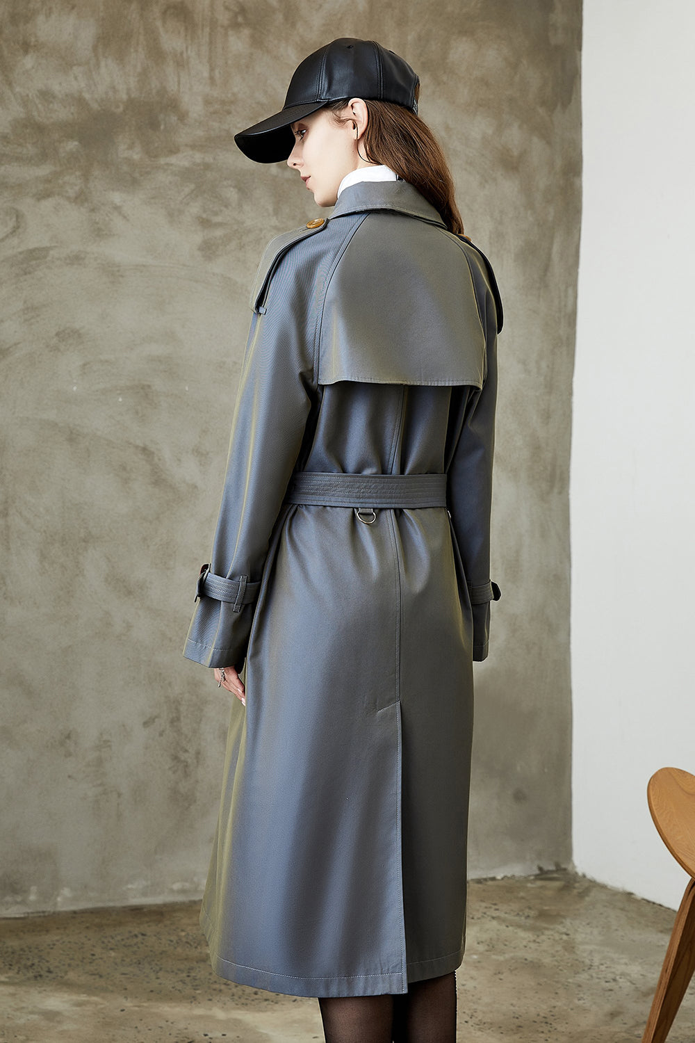 Grey Blue Double Breasted Long Trench Coat with Belt-CALLISTARI