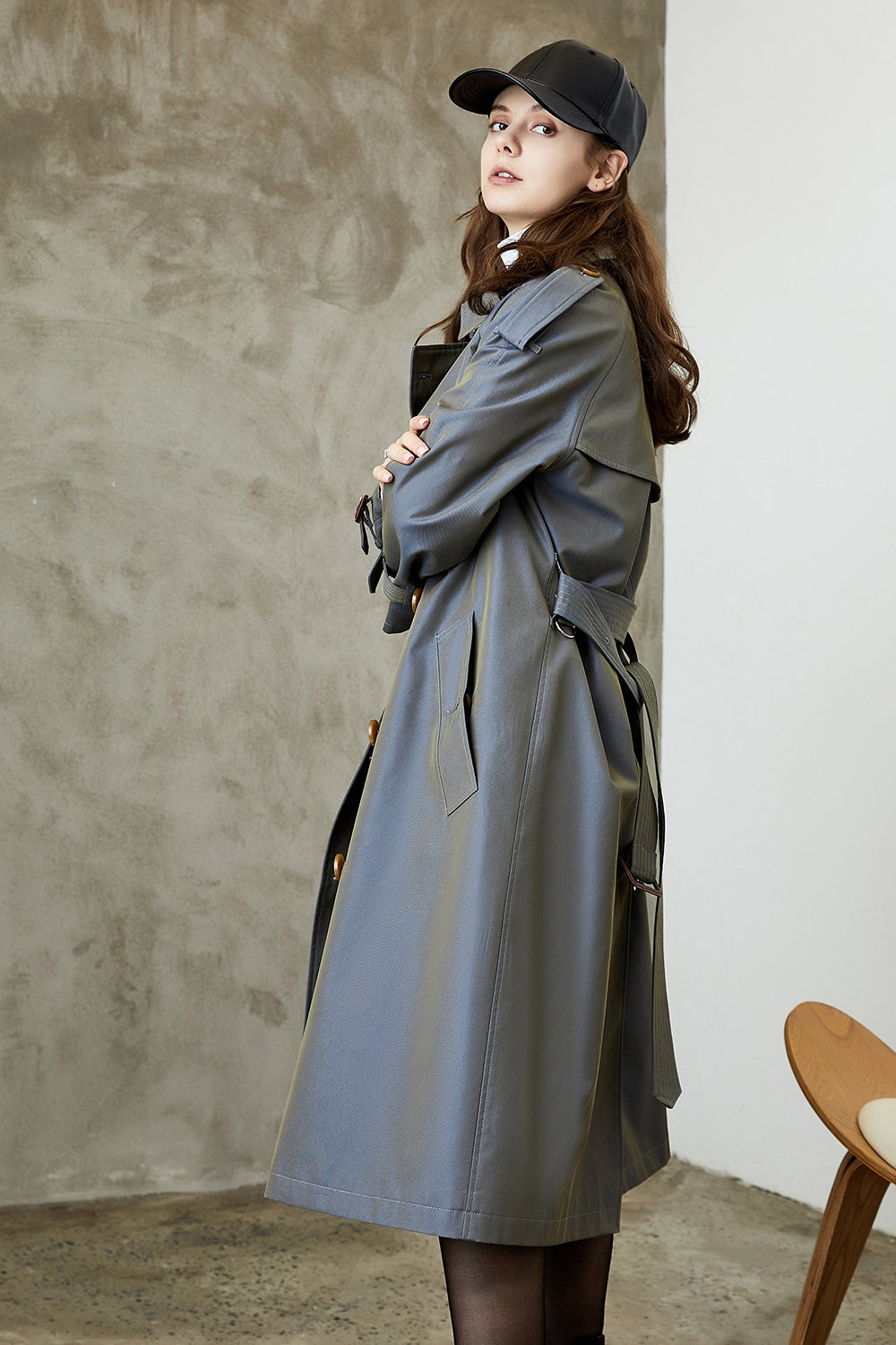 Grey Blue Double Breasted Long Trench Coat with Belt-CALLISTARI