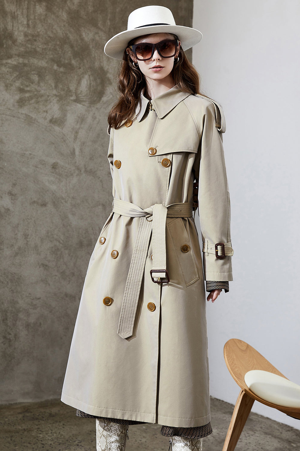 Grey Blue Double Breasted Long Trench Coat with Belt-CALLISTARI