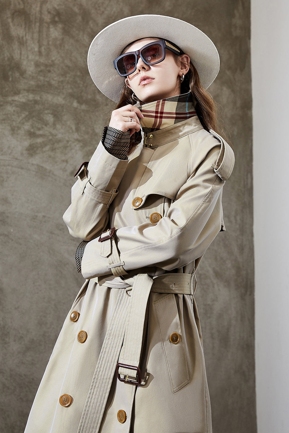 Grey Blue Double Breasted Long Trench Coat with Belt-CALLISTARI