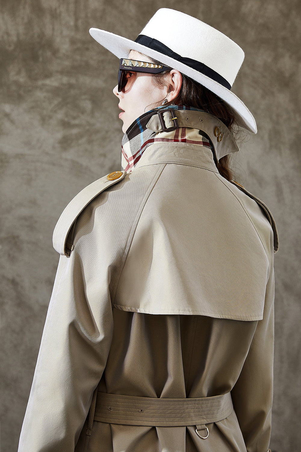 Grey Blue Double Breasted Long Trench Coat with Belt-CALLISTARI