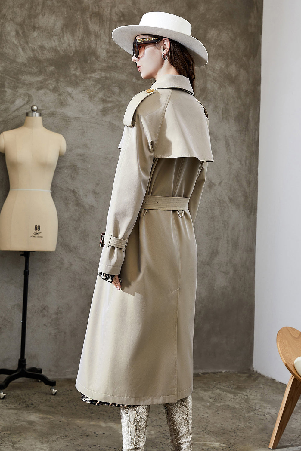 Grey Blue Double Breasted Long Trench Coat with Belt-CALLISTARI