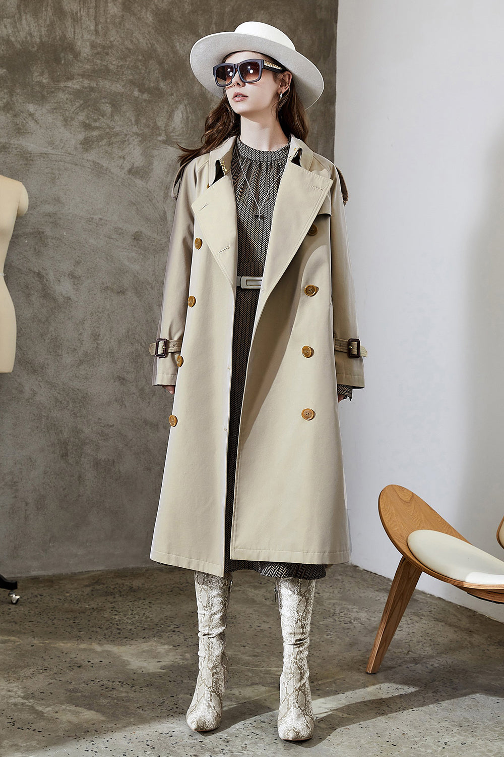 Grey Blue Double Breasted Long Trench Coat with Belt-CALLISTARI