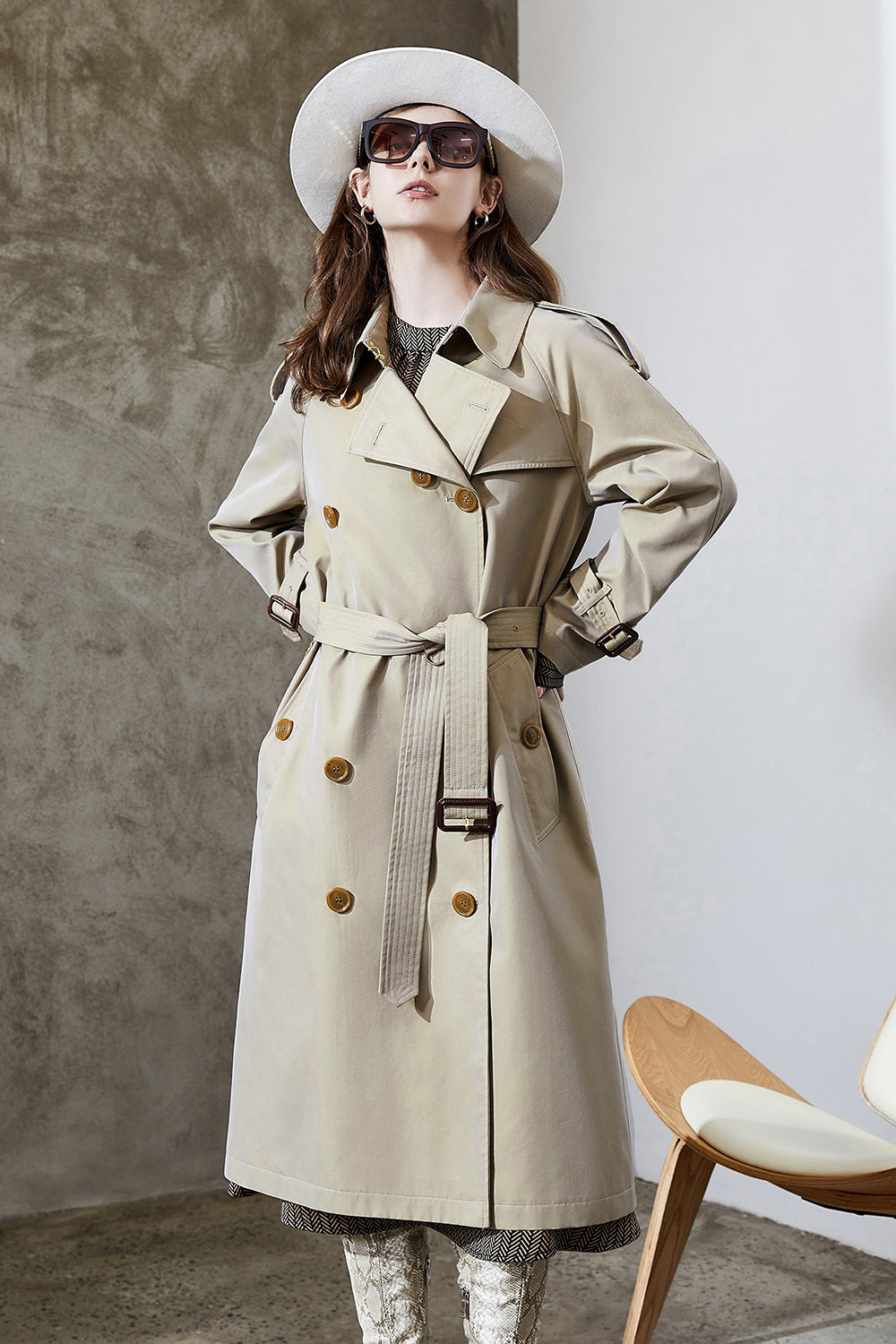Grey Blue Double Breasted Long Trench Coat with Belt-CALLISTARI