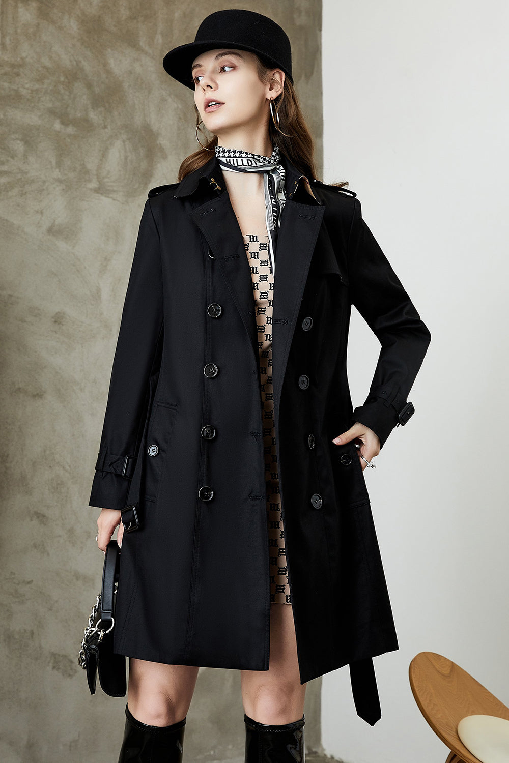 Black Double Breasted Lapel Long Trench Coat with Belt-CALLISTARI