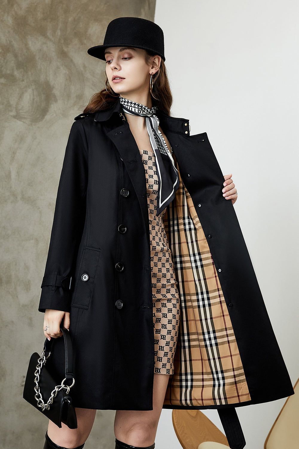 Black Double Breasted Lapel Long Trench Coat with Belt-CALLISTARI
