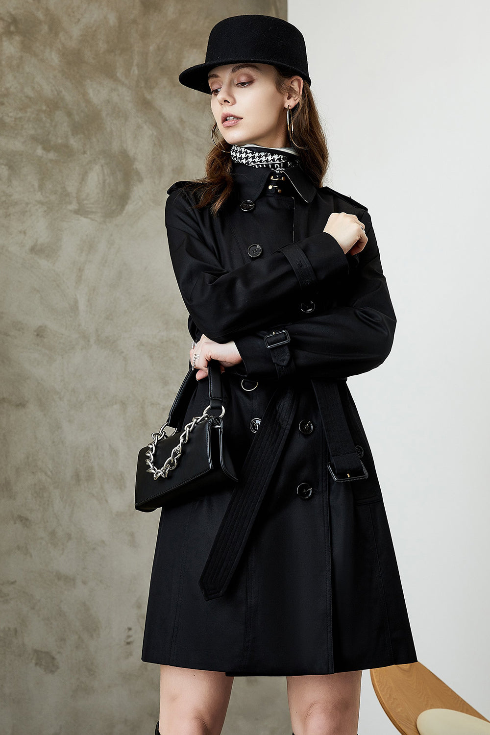 Black Double Breasted Lapel Long Trench Coat with Belt-CALLISTARI