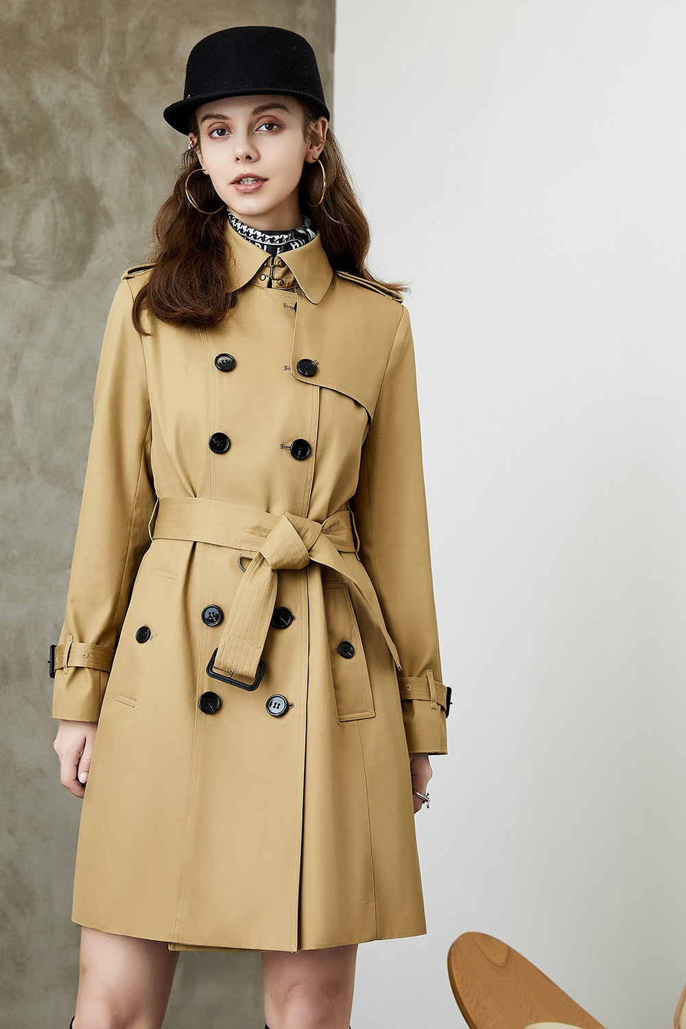 Black Double Breasted Lapel Long Trench Coat with Belt-CALLISTARI