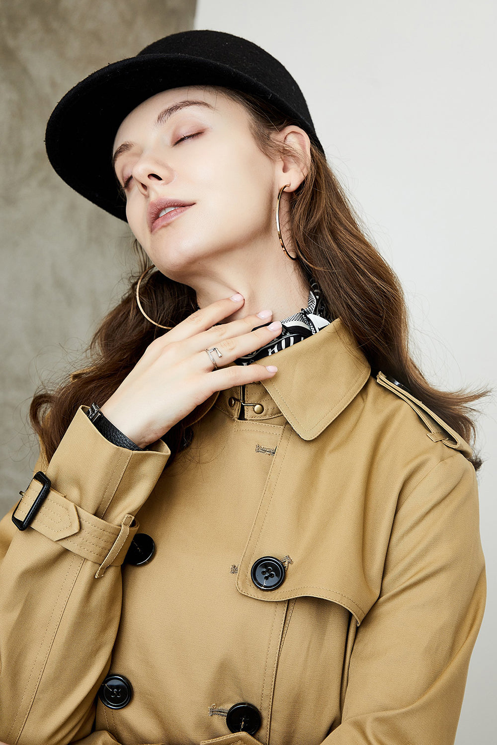 Black Double Breasted Lapel Long Trench Coat with Belt-CALLISTARI