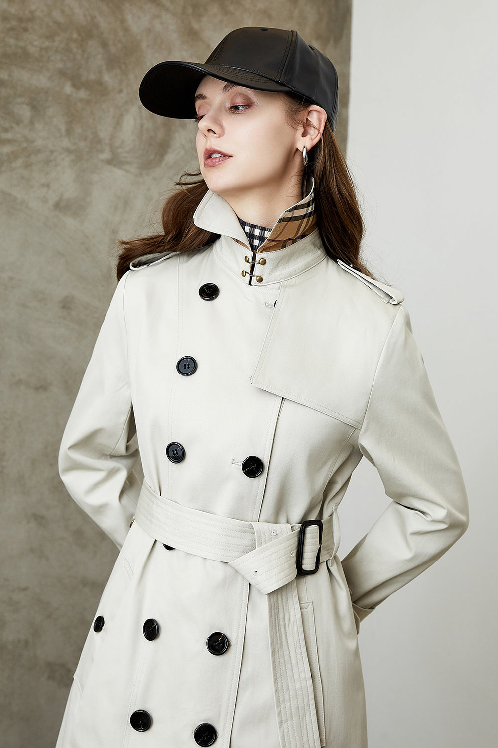 Black Double Breasted Lapel Long Trench Coat with Belt-CALLISTARI