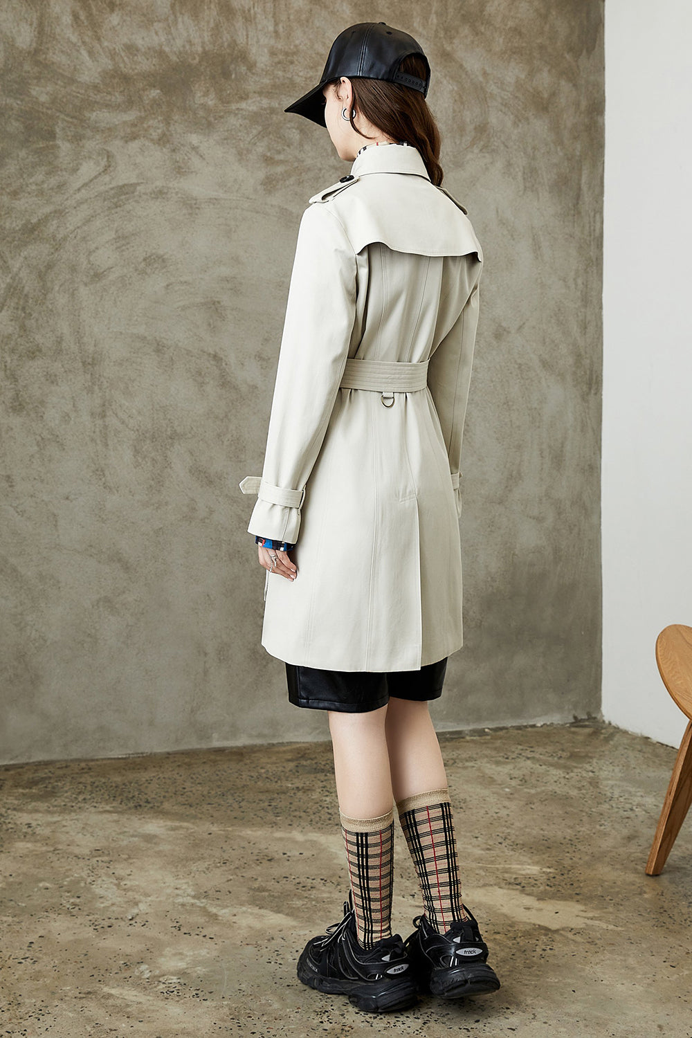 Black Double Breasted Lapel Long Trench Coat with Belt-CALLISTARI