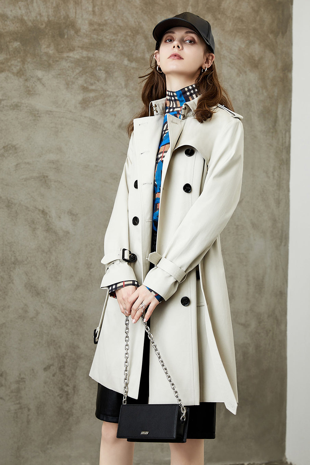 Black Double Breasted Lapel Long Trench Coat with Belt-CALLISTARI