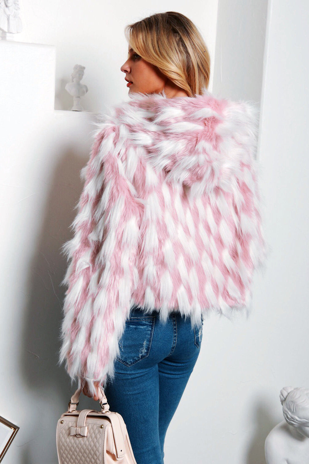 Pink Patchwork Cropped Women Faux Fur Coat-CALLISTARI