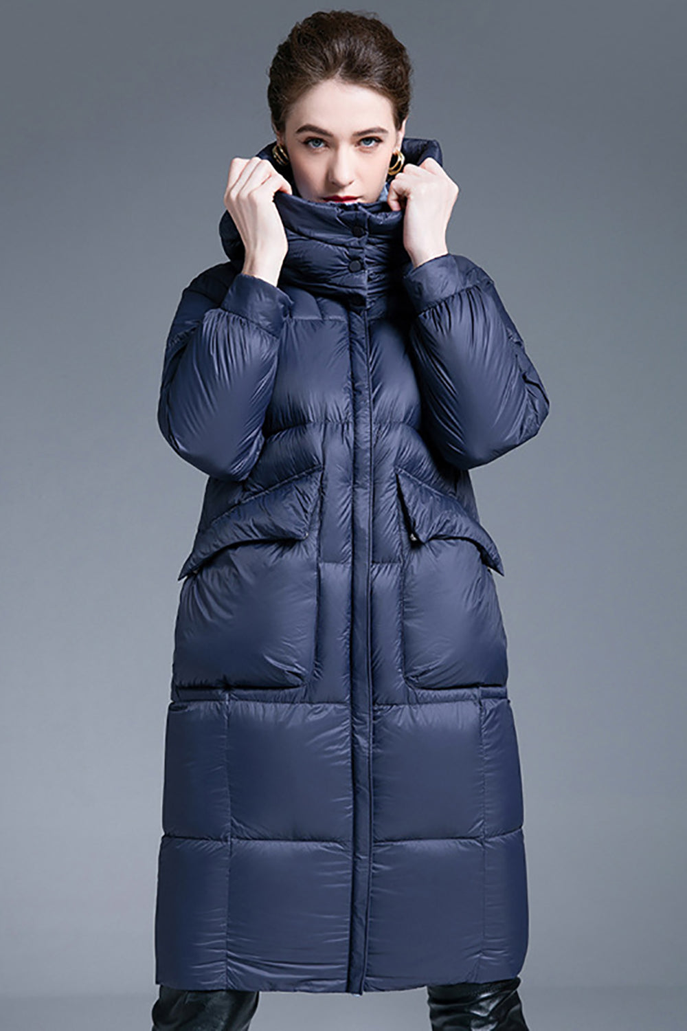 Navy Long Winter Down Jacket With Pockets-CALLISTARI