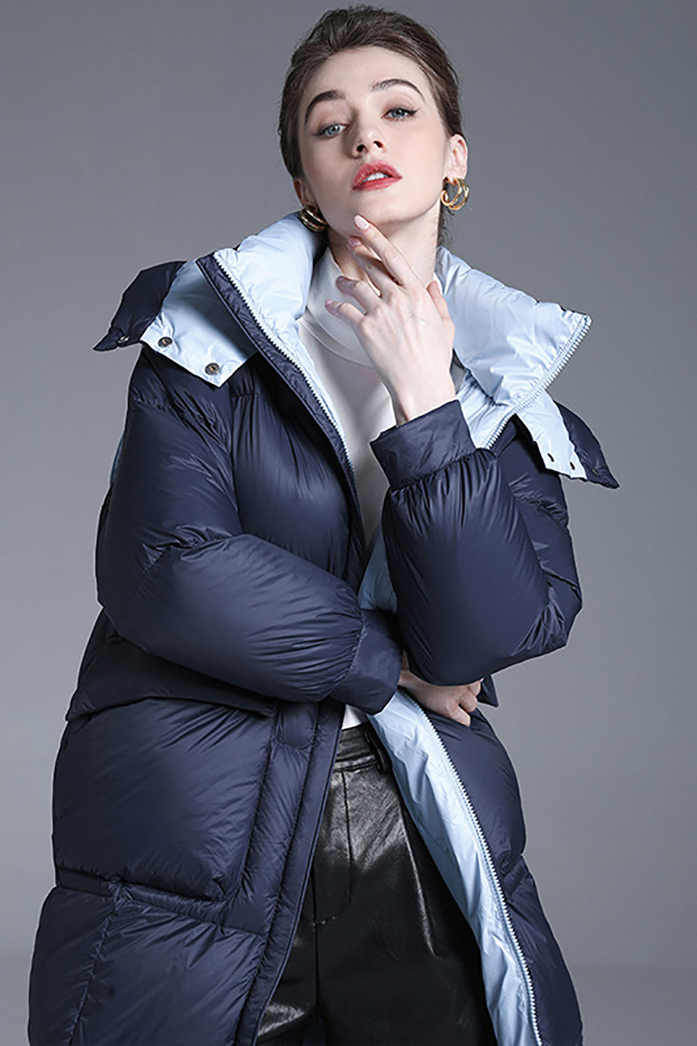 Navy Long Winter Down Jacket With Pockets-CALLISTARI