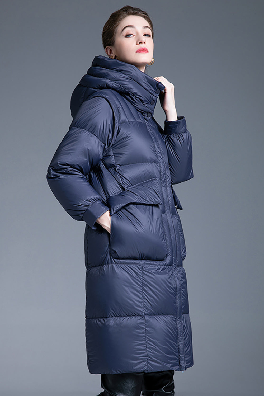 Navy Long Winter Down Jacket With Pockets-CALLISTARI