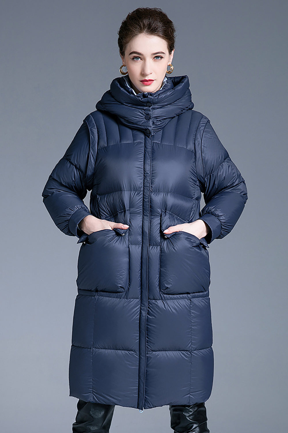 Navy Long Winter Down Jacket With Pockets-CALLISTARI