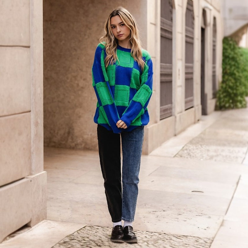 Casual Checked Loose Pullover Sweater-CALLISTARI
