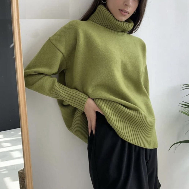 Casual Plain High Collar Knit Pullover Sweater-CALLISTARI
