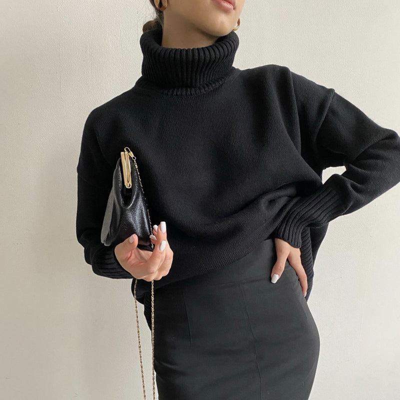 Casual Plain High Collar Knit Pullover Sweater-CALLISTARI