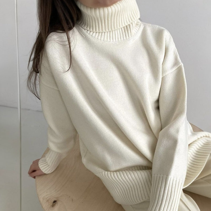 Casual Plain High Collar Knit Pullover Sweater-CALLISTARI
