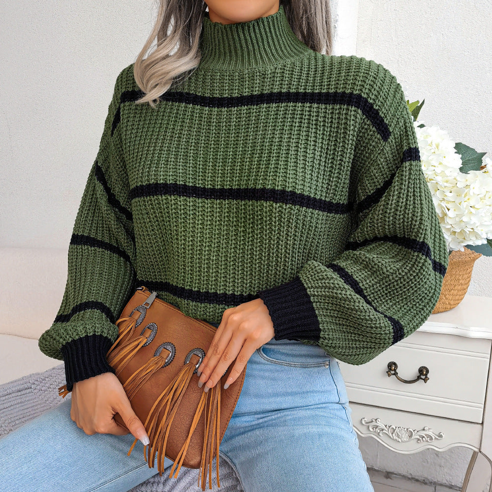 Casual Striped Lantern Sleeve Knitted Sweater-CALLISTARI