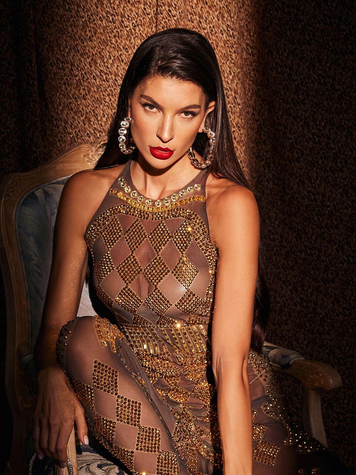 Caterina Printed Rhinestone Jumpsuit - Mew Mews
