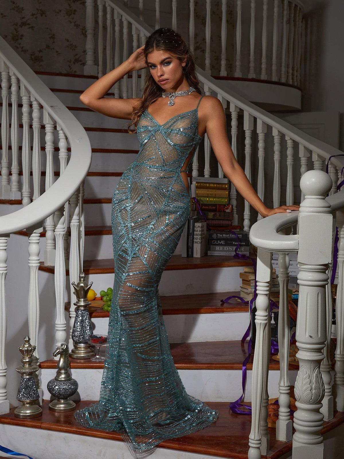 Cynthia Spaghetti Sequin Patchwork Maxi Dress - Mew Mews