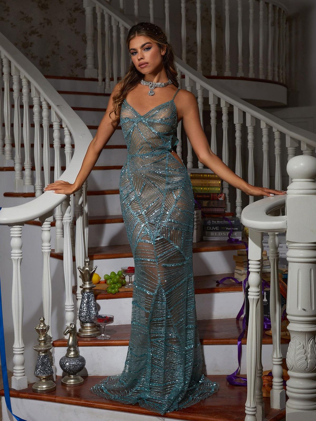 Cynthia Spaghetti Sequin Patchwork Maxi Dress - Mew Mews