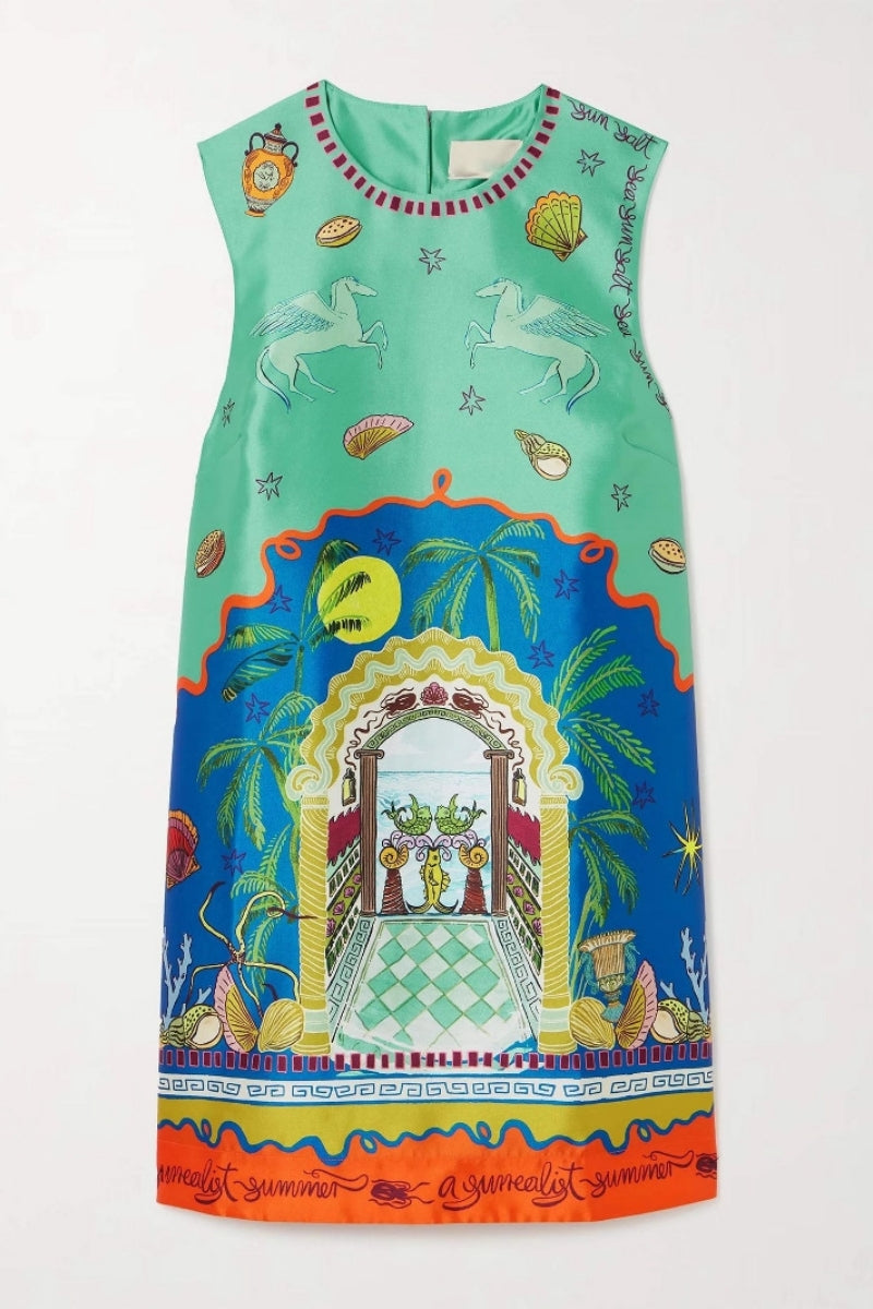 Botanical Print Satin Dress-aritzao