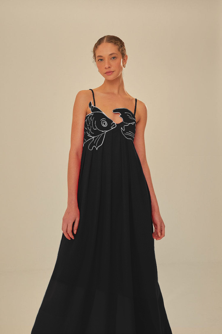 Callistari Embroidered Fish Spaghetti Strap Midi Dress-CALLISTARI