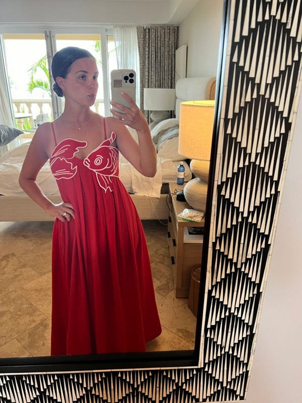 Callistari Embroidered Fish Spaghetti Strap Midi Dress-CALLISTARI