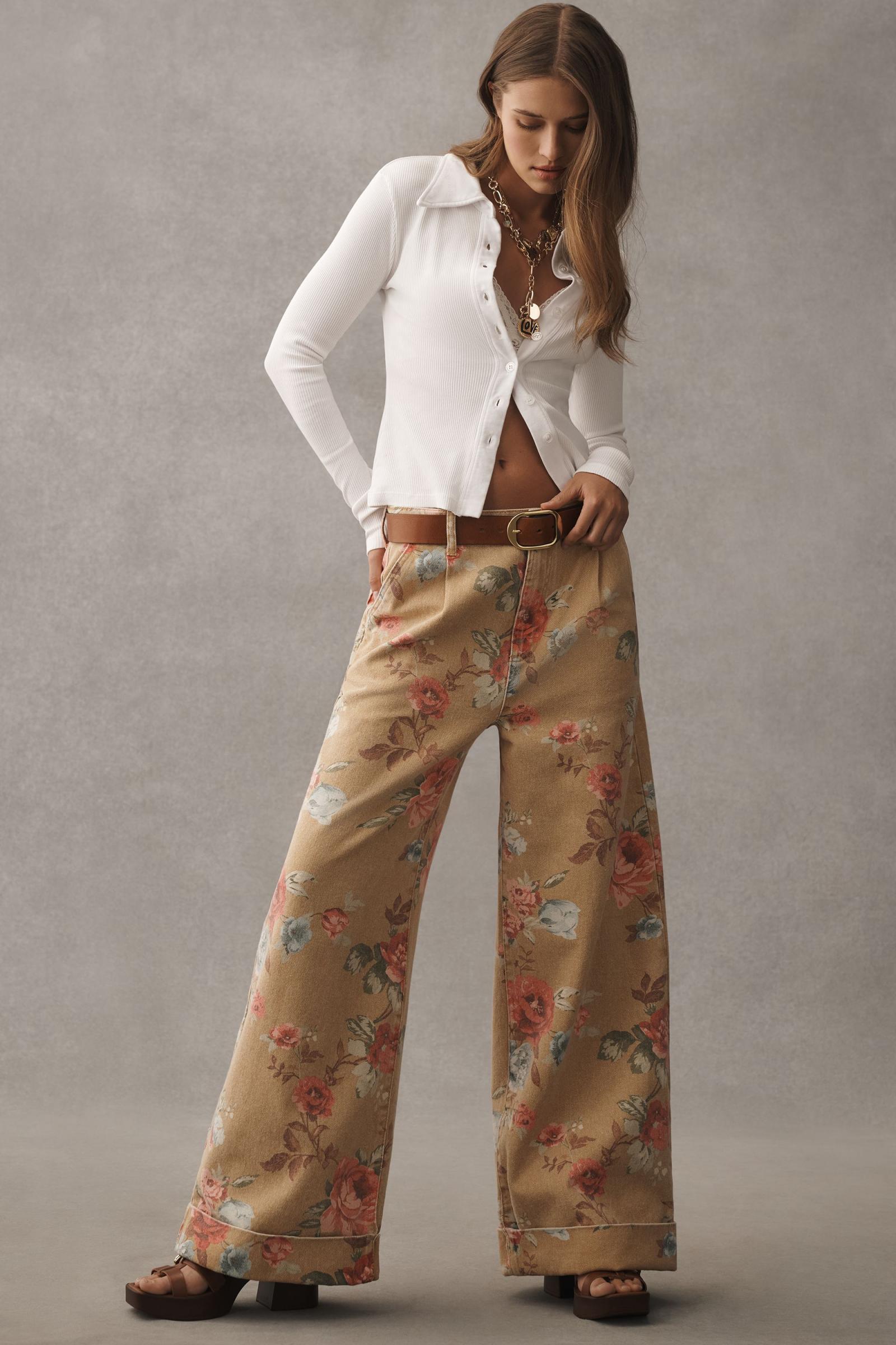 Floral high-waisted wide-leg cuffed jeans