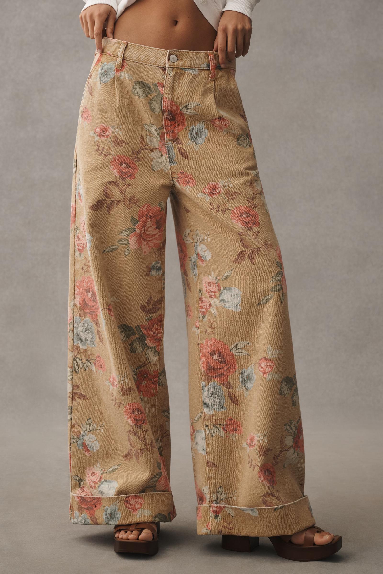 Floral high-waisted wide-leg cuffed jeans