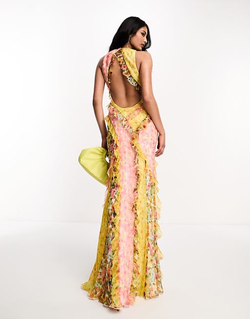 Ruffled Colorblock Floral Off-the-Shoulder Maxi Dress