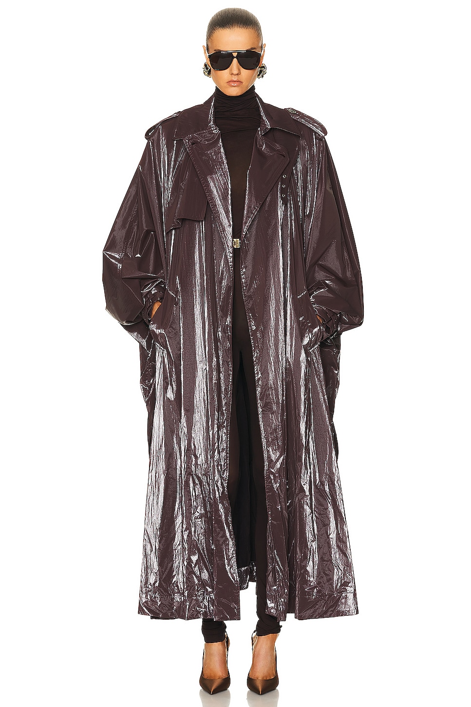 Shiny Burgundy Oversized Trench Coat
