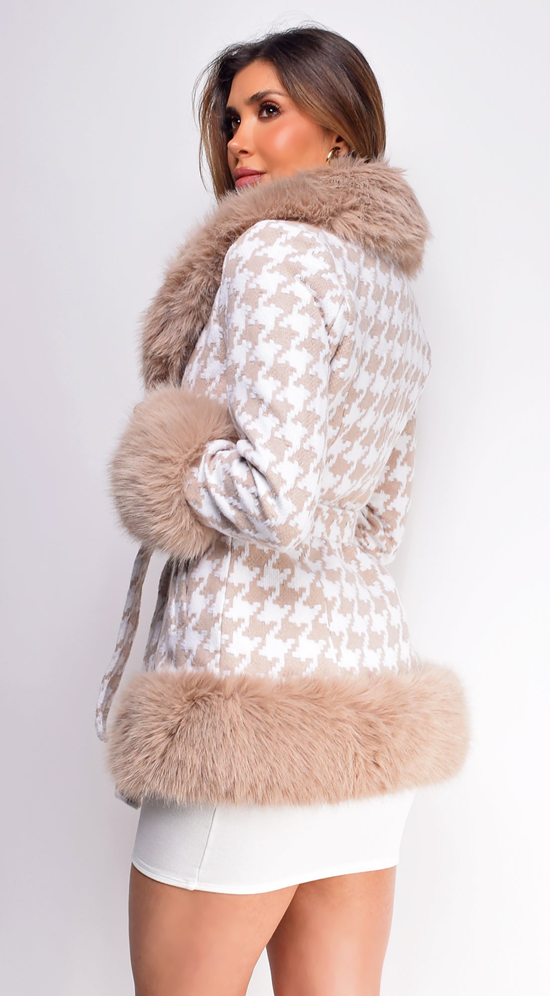 Elizaveta Cream Beige Plaid Faux Fur Wool Coat-CALLISTARI