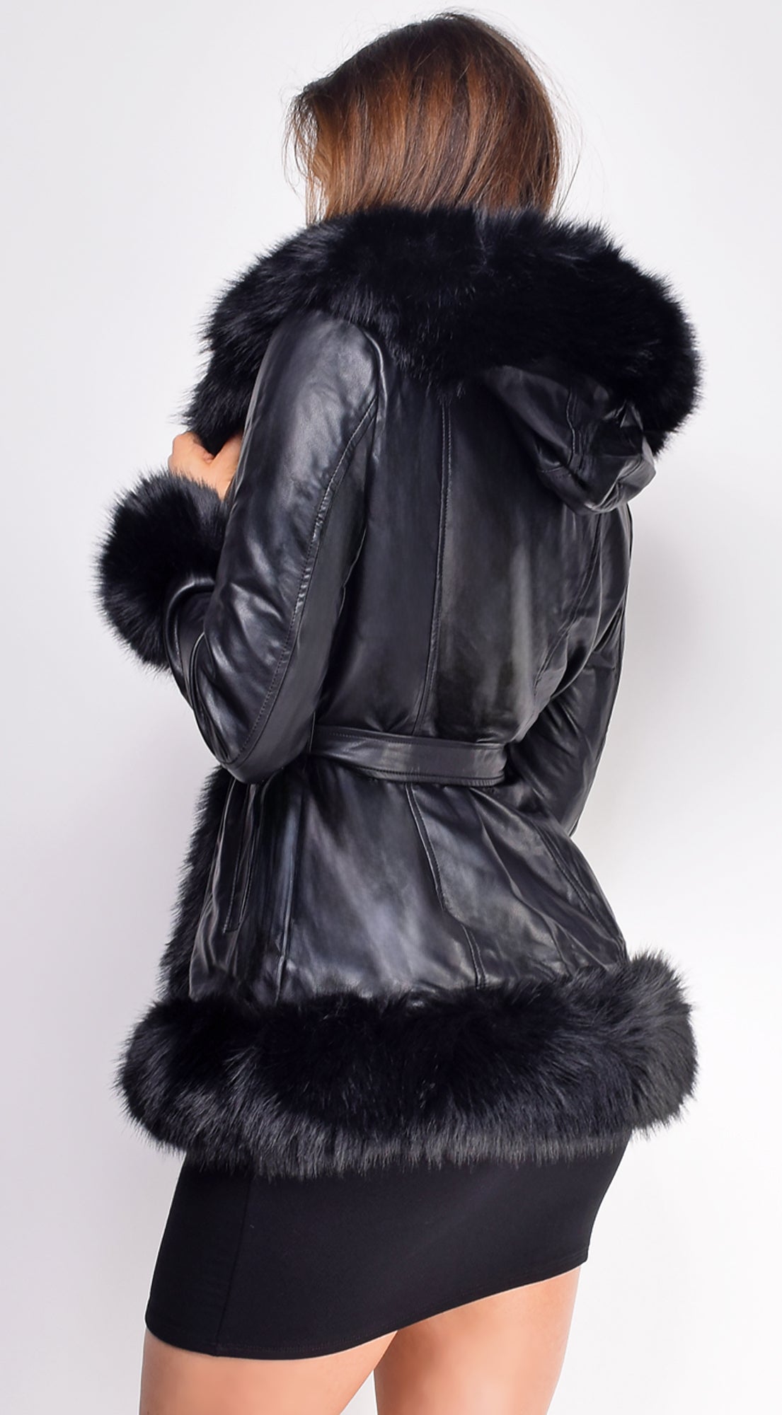 Sasha Black PU Leather Faux Fur Trim Coat-CALLISTARI