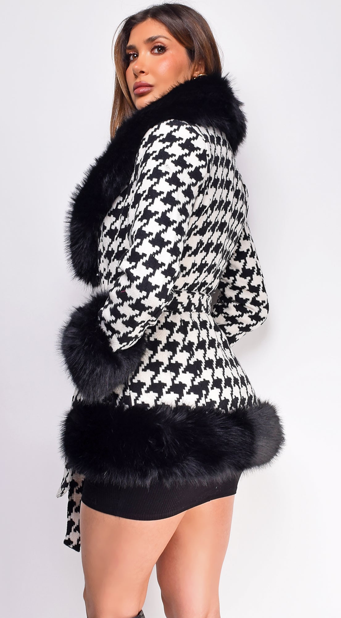 Elizaveta Black Plaid Faux Fur Wool Coat-CALLISTARI