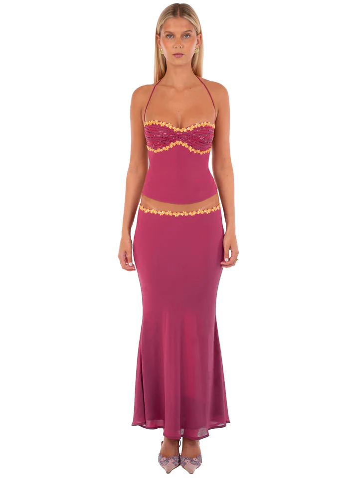 Glam Sequin - Trim Halter Crop Top & Maxi Skirt Set