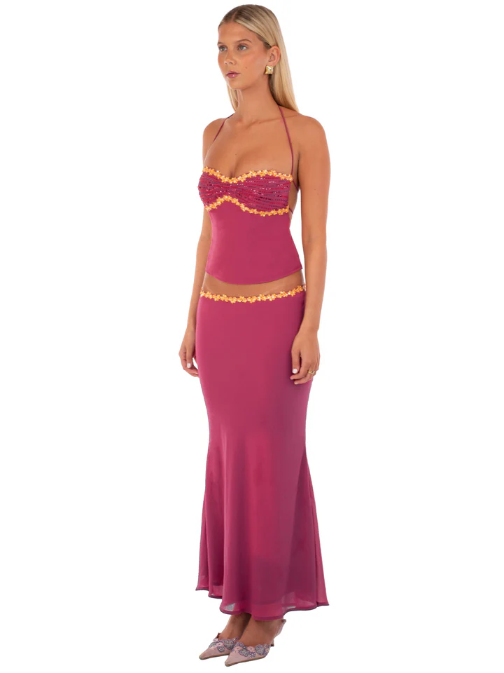 Glam Sequin - Trim Halter Crop Top & Maxi Skirt Set