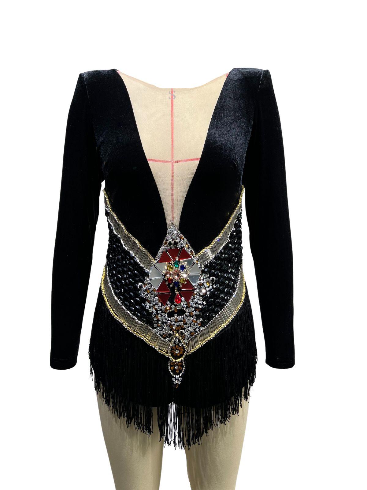 Decker Rhinestone Fringe Velvet Bodysuit - Mew Mews