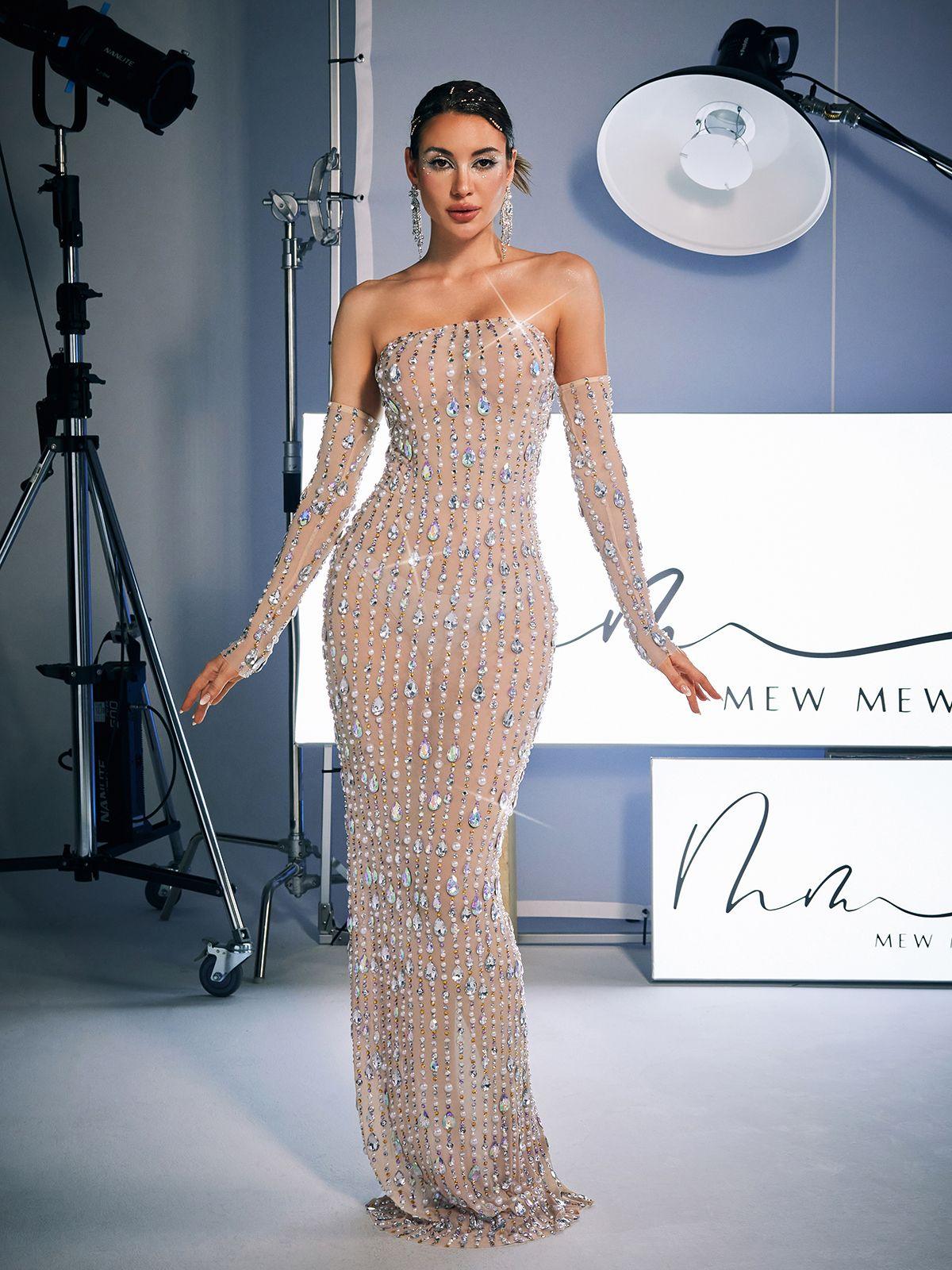 Douglas Strapless Rhinestone Maxi Dress With Gloves - Mew Mews