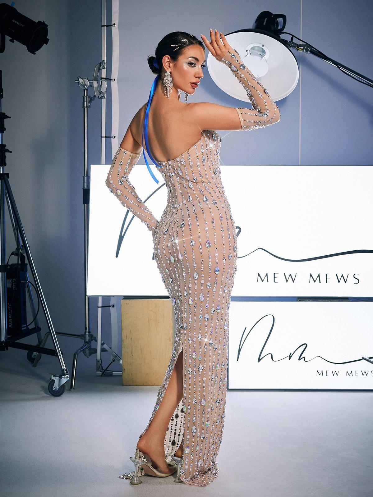 Douglas Strapless Rhinestone Maxi Dress With Gloves - Mew Mews