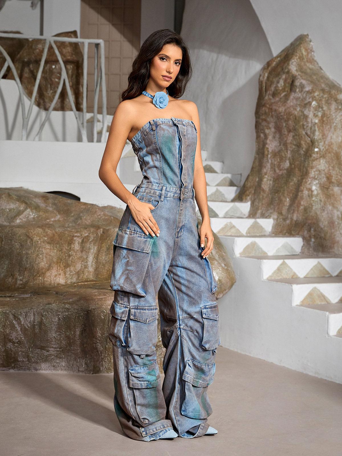 Eden Strapless Pocket Denim Jumpsuit In Green - Mew Mews