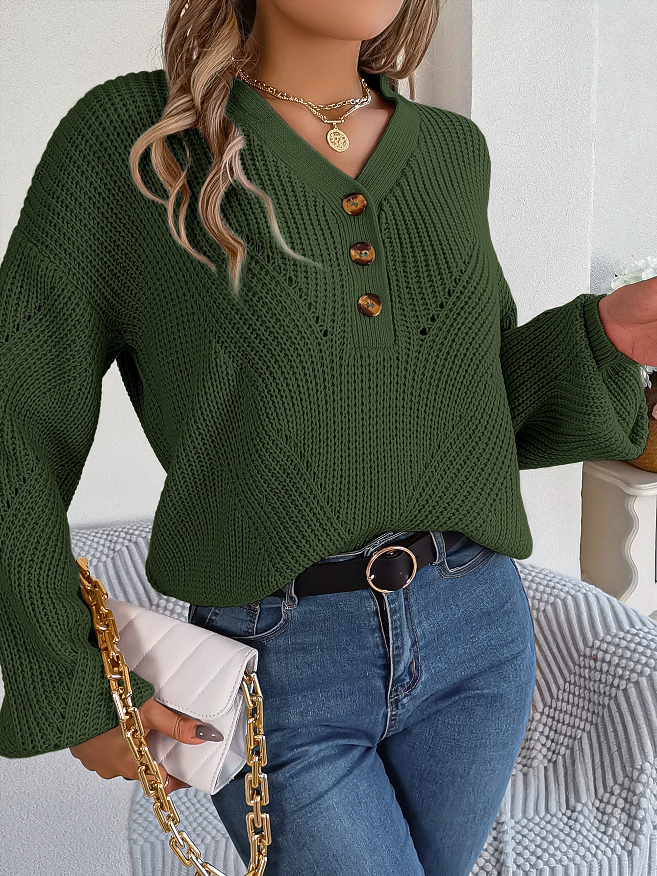 Elegant Hollow Out Buttoned Lantern Sleeve Sweater-CALLISTARI
