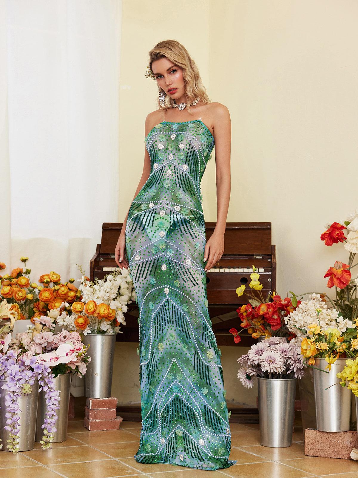 Ennis Strapless Flower Embellished Maxi Dress - Mew Mews