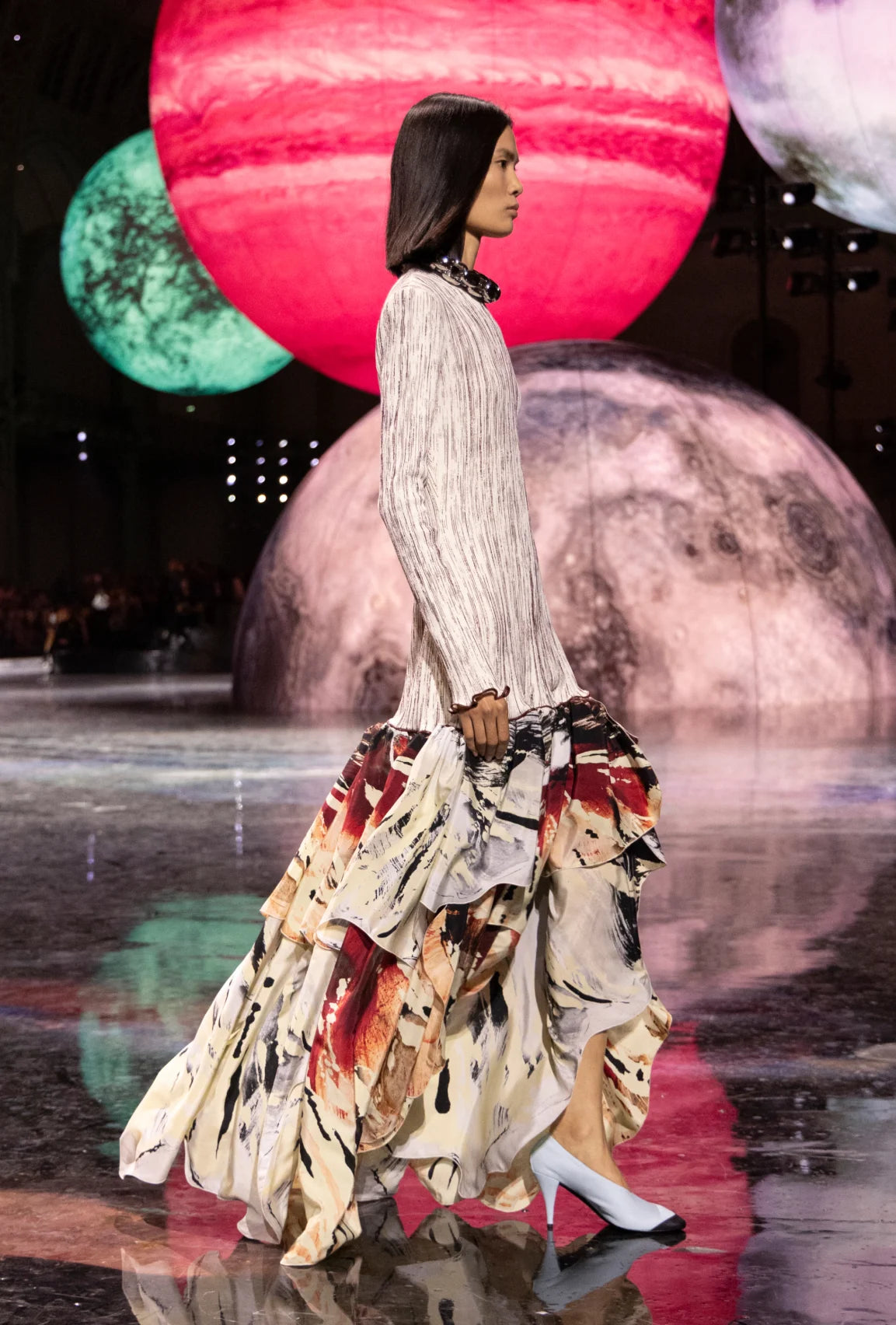 Abstract floral ruffled maxi skirt