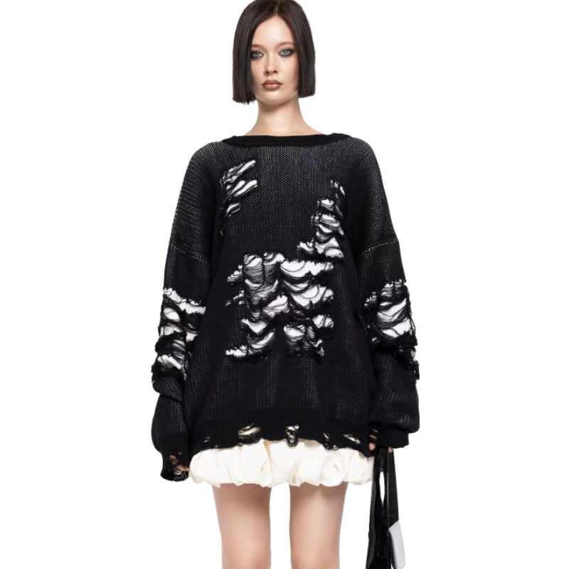 Fashionable Ripped Long Sleeve Loose Sweater-CALLISTARI